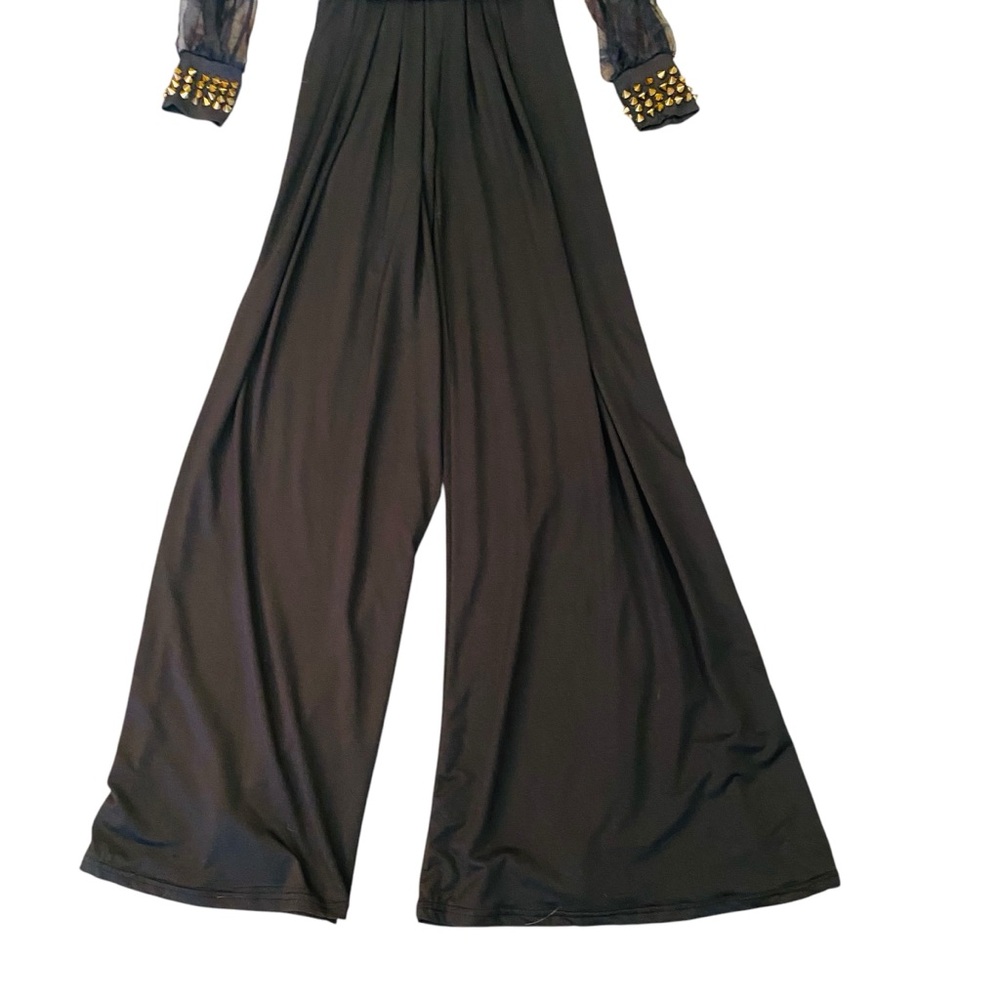 ⭐️ Black Long Sleeved Catsuit Jumpsuit With Sheer Sleeves and Studded Cuffs - Picture 5 of 8